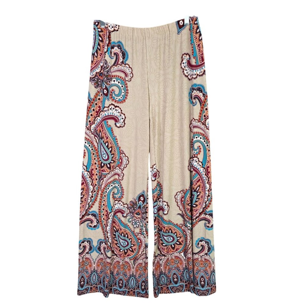 Womens Chicos Multicolor Paisley Print Wide Leg Pants Elastic Waist Size 0